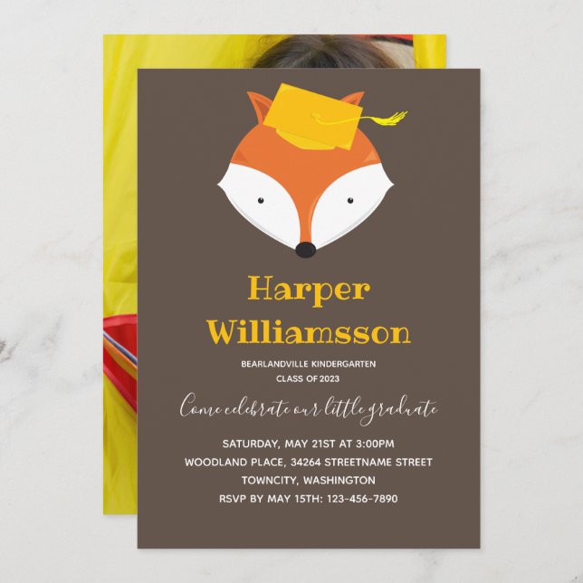 Fox Brown Yellow Foto Kindergarten Abschluss Einladung (Vorne/Hinten)