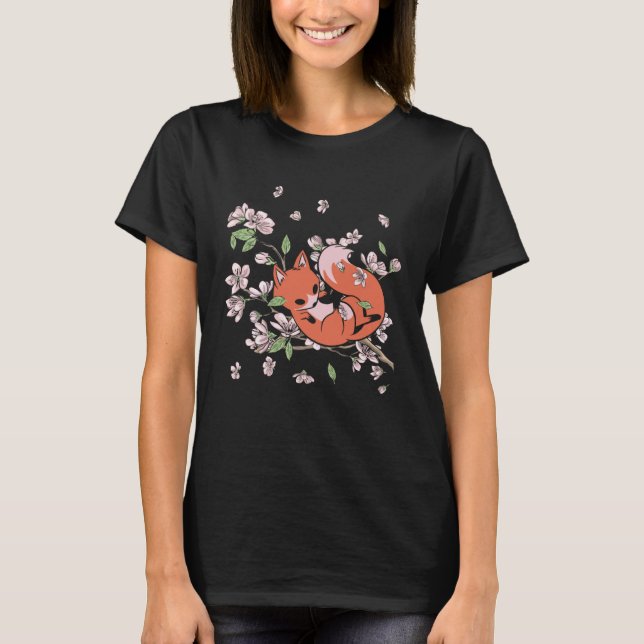 Fox Cherry Blossom Foxes Japanese Flower Sakura T-Shirt (Vorderseite)