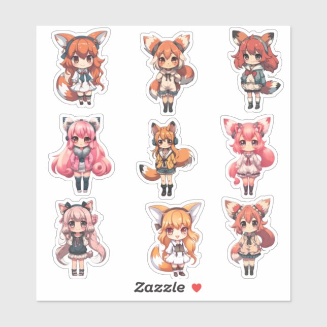 Fox Chibi Art Niedlich Girl Anime Stickers Aufkleber (Blatt)