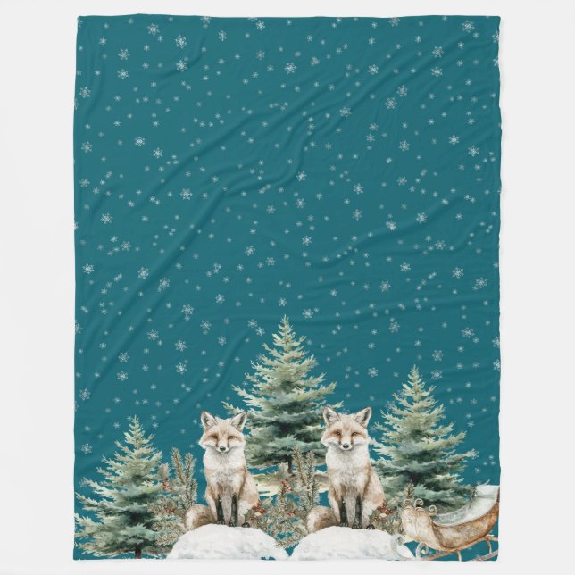 Fox Christmas Tree Sleigh Snowflakes Fleecedecke (Vorderseite)