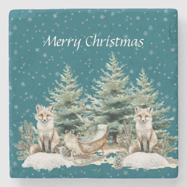 Fox Christmas Tree Sleigh Snowflakes Steinuntersetzer (Vorderseite)