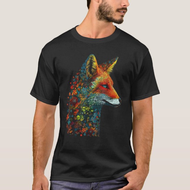 Fox Colourful Flowers  Blue Eyes Animal Fox T-Shirt (Vorderseite)