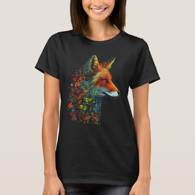 Fox Colourful Flowers  Blue Eyes Animal Fox T-Shirt (Vorderseite)