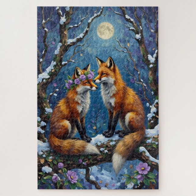 Fox Couple Affectionate Intertwined Tails Puzzle (Vertikal)