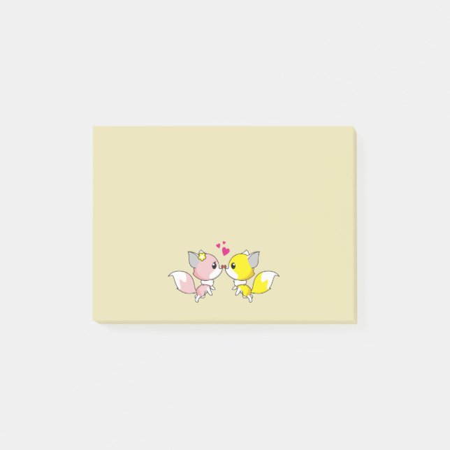 Fox Couple Kissing mit Little Hearts Overhead Post-it Klebezettel (Vorderseite)
