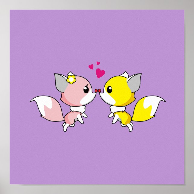 Fox Couple Kissing mit Little Hearts Overhead Poster (Vorne)