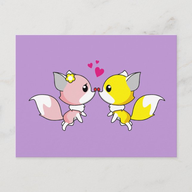 Fox Couple Kissing mit Little Hearts Overhead Postkarte (Vorderseite)