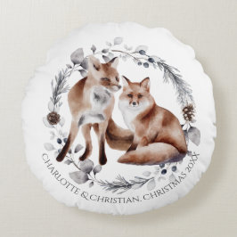 Fox Couple Winter Kranz Weihnachten Personalisiert Rundes Kissen