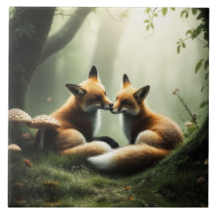 Fox Cuddle in Misty Forest Fliese