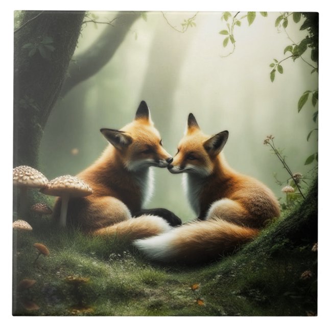 Fox Cuddle in Misty Forest Fliese (Vorderseite)