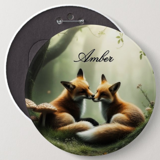 Fox Cuddle in Misty Forest Personalisiert Button (Vorne & Hinten)
