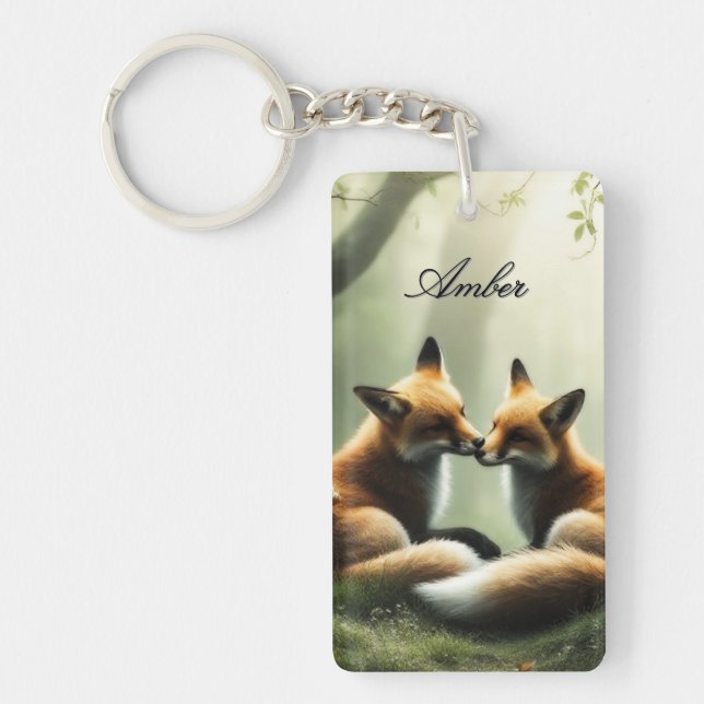 Fox Cuddle in Misty Forest Personalisiert Schlüsselanhänger (Vorderseite)