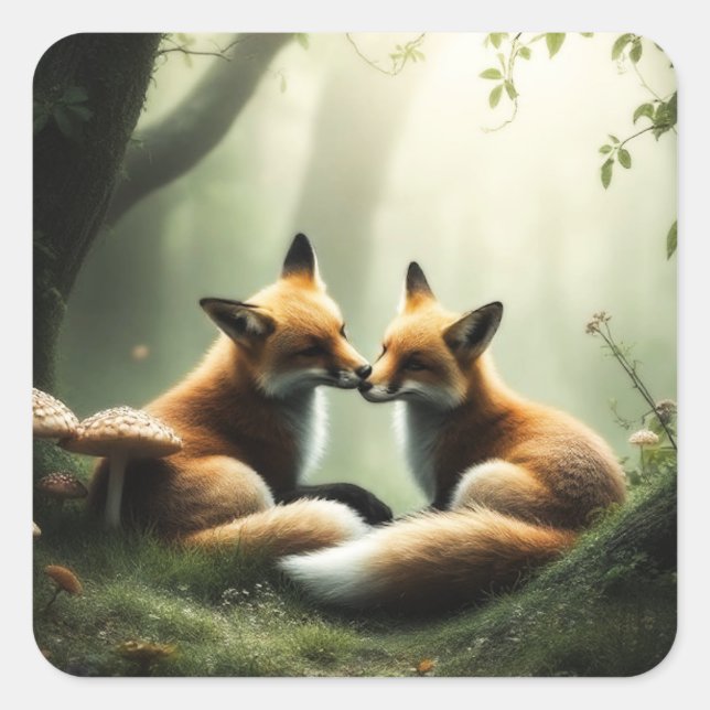 Fox Cuddle in Misty Forest Quadratischer Aufkleber (Vorderseite)