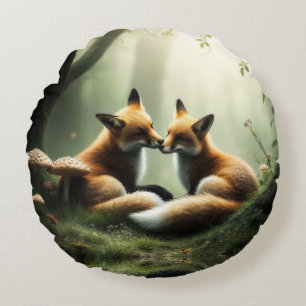 Fox Cuddle in Misty Forest Rundes Kissen