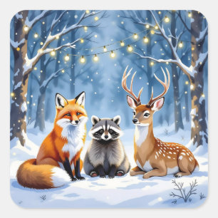 Fox, Deh und Raccoon im Festwald Weihnachten Quadratischer Aufkleber
