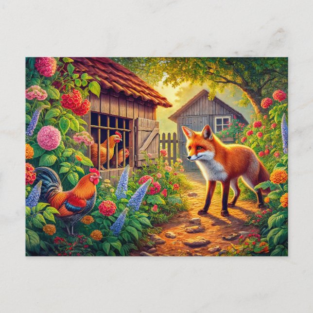 Fox, der die Hühnerdecke besucht Postkarte (Vorderseite)