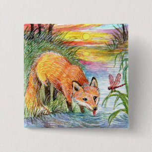 Fox, der durch Flussufer trinkt Button