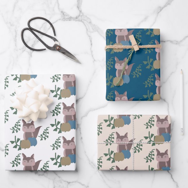 Fox Fall Pumpkins Blue Beige Boho Geschenkpapier Set (Vorderseite)