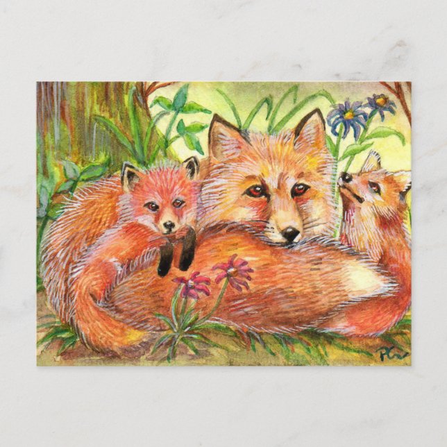 Fox-Familie im Wald Postkarte (Vorderseite)