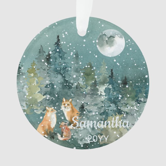 Fox Familie in Forest Full Moon Snowfall Wasserfar Ornament (Vorderseite)