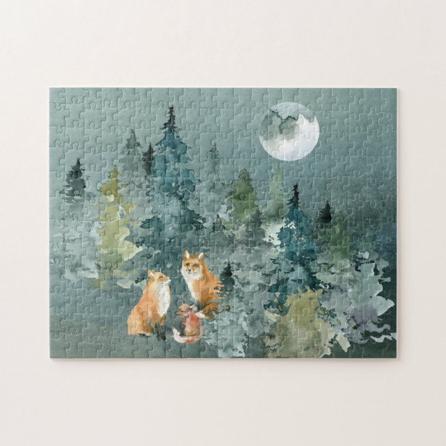 Fox-Familie in Forest Full Moon Wasserfarbe Puzzle (Horizontal)