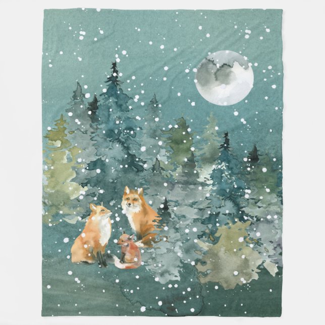 Fox-Familie in Forest Vollmond-Schneefall Fleecedecke (Vorderseite)