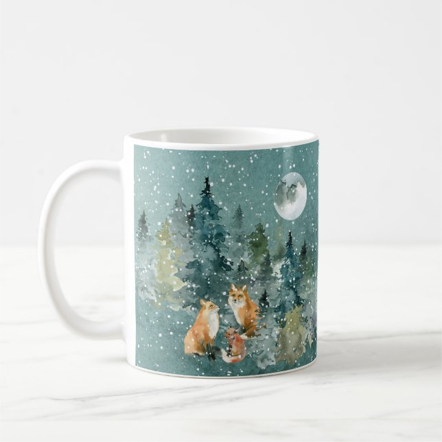 Fox-Familie in Forest Vollmond-Schneefall Kaffeetasse (Links)