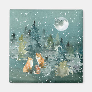 Fox-Familie in Forest Vollmond-Schneefall Magnet