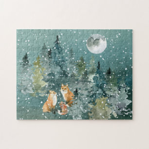 Fox-Familie in Forest Vollmond-Schneefall Puzzle