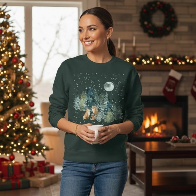 Fox-Familie in Forest Vollmond-Schneefall Sweatshirt (Fox Family in Forest Full Moon Snowfall Sweatshirt)