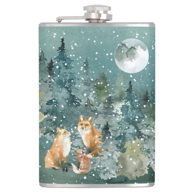 Fox Familienwald Vollmond Schneefall Flachmann (Vorderseite)