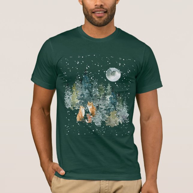 Fox Familienwald Vollmond Schneefall T-Shirt (Vorderseite)