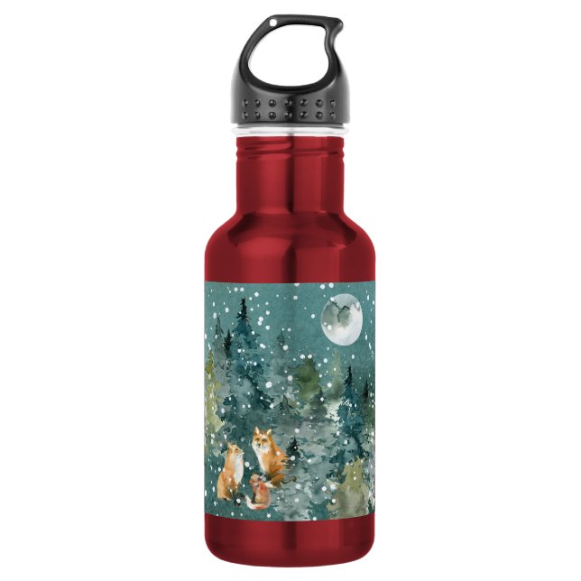 Fox Familienwald Vollmond Schneefall Urlaub Klein Edelstahlflasche (Vorderseite)