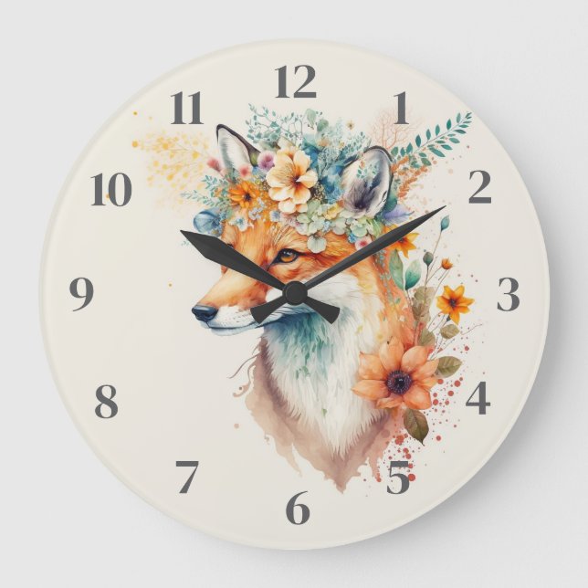 Fox Flower Crown Watercolor          Große Wanduhr (Vorderseite)