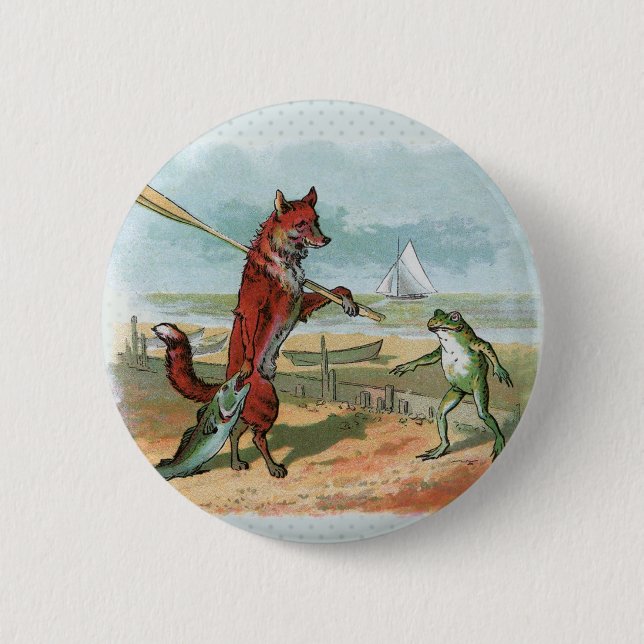 Fox Frog Fishing Antike Illustration Button (Vorderseite)