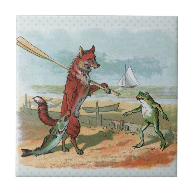 Fox Frog Fishing Antike Illustration Fliese (Vorderseite)
