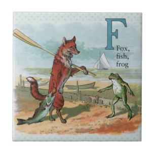 Fox Frog Fishing Antike Illustration Fliese