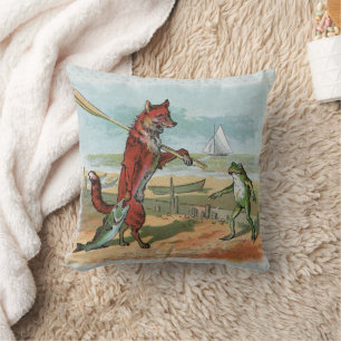 Fox Frog Fishing Antike Illustration Kissen