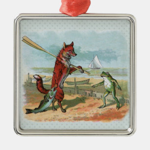 Fox Frog Fishing Antike Illustration Ornament Aus Metall