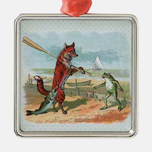 Fox Frog Fishing Antike Illustration Ornament Aus Metall (Vorne)