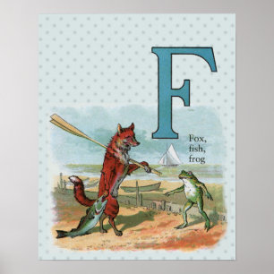 Fox Frog Fishing Antike Illustration Poster