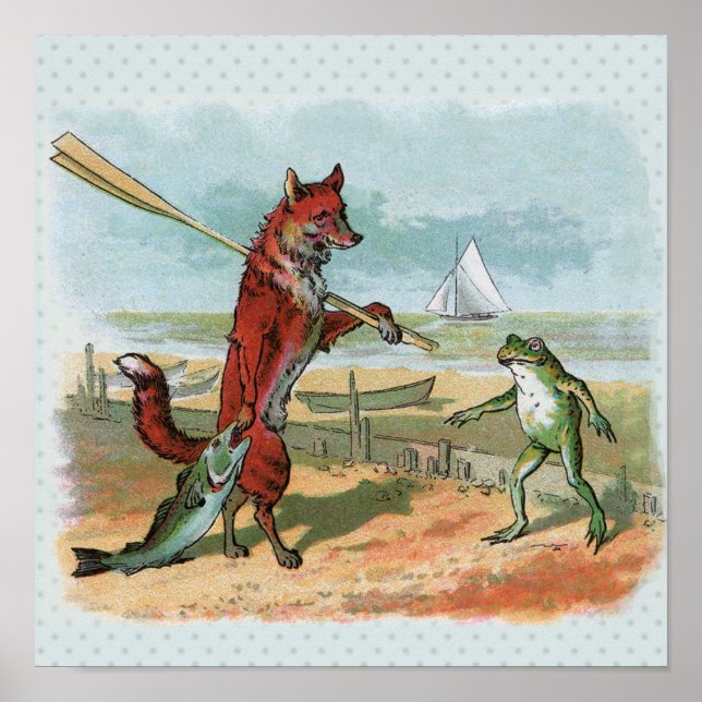 Fox Frog Fishing Antike Illustration Poster (Vorne)
