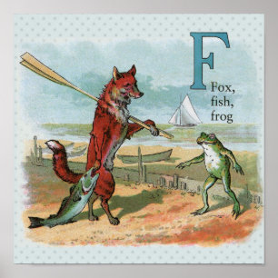Fox Frog Fishing Antike Illustration Poster