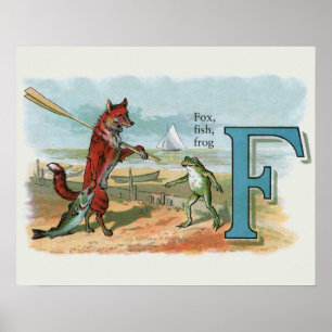 Fox Frog Fishing Antike Illustration Poster