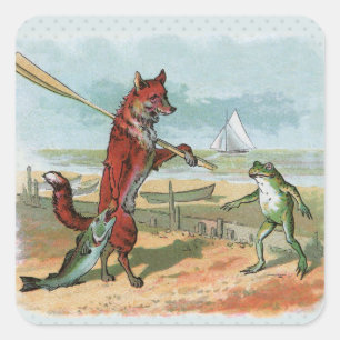 Fox Frog Fishing Antike Illustration Quadratischer Aufkleber