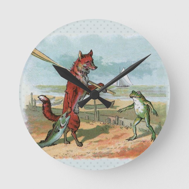 Fox Frog Fishing Antike Illustration Runde Wanduhr (Vorderseite)
