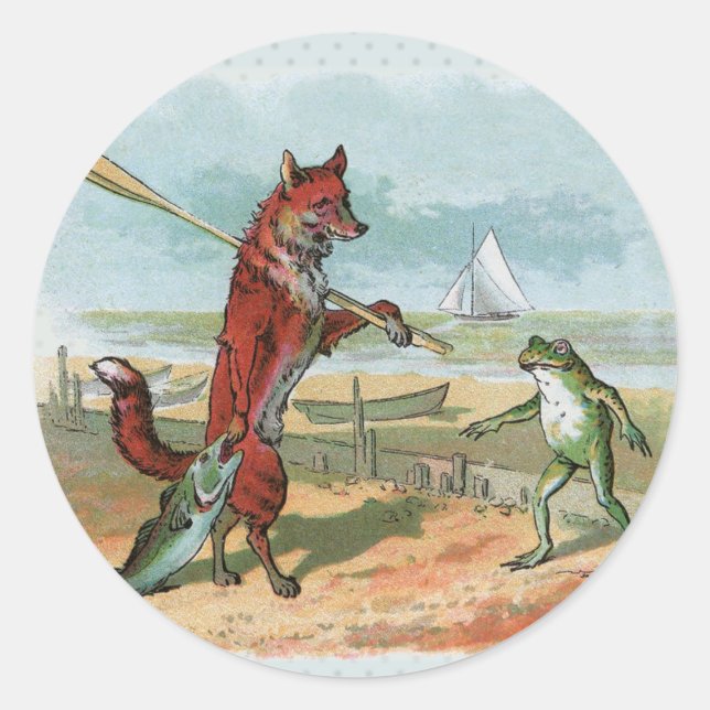 Fox Frog Fishing Antike Illustration Runder Aufkleber (Vorderseite)