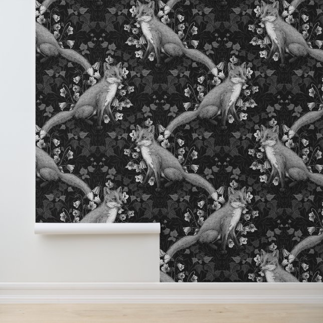 Fox, Glockenblumen und Efeu, einfarbig, silberne W Tapete (Anwendung)