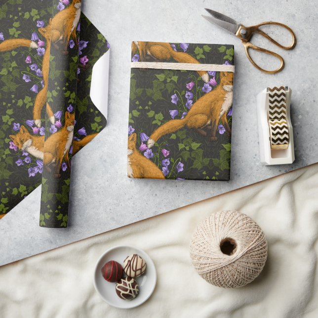 Fox, Glockenblumen und Efeu, grün, orange und viol Geschenkpapier (Basteln)