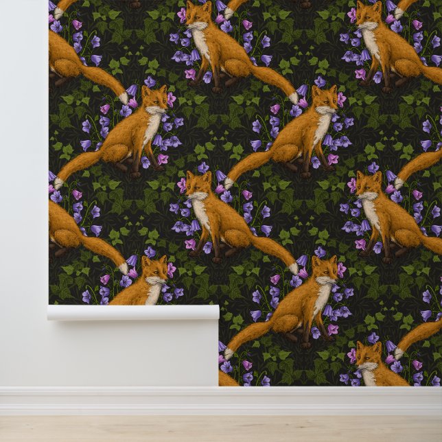 Fox, Glockenblumen und Efeu, grün, orange und viol Tapete (Anwendung)